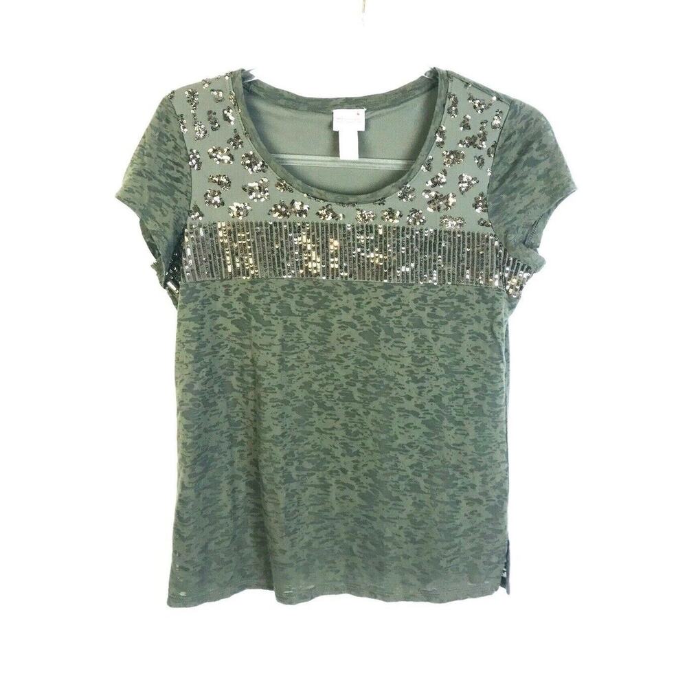 Chico's Top Women"s XS Embellished Sequins Sparkly Gray Party Night Out Knit